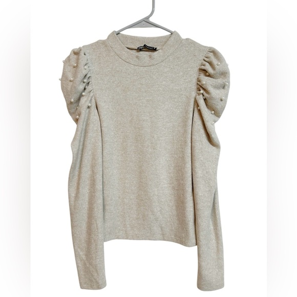 Zara Soft Balloon Shoulder Pearl Detail Sweater Oatmeal Size Small - Picture 2 of 7